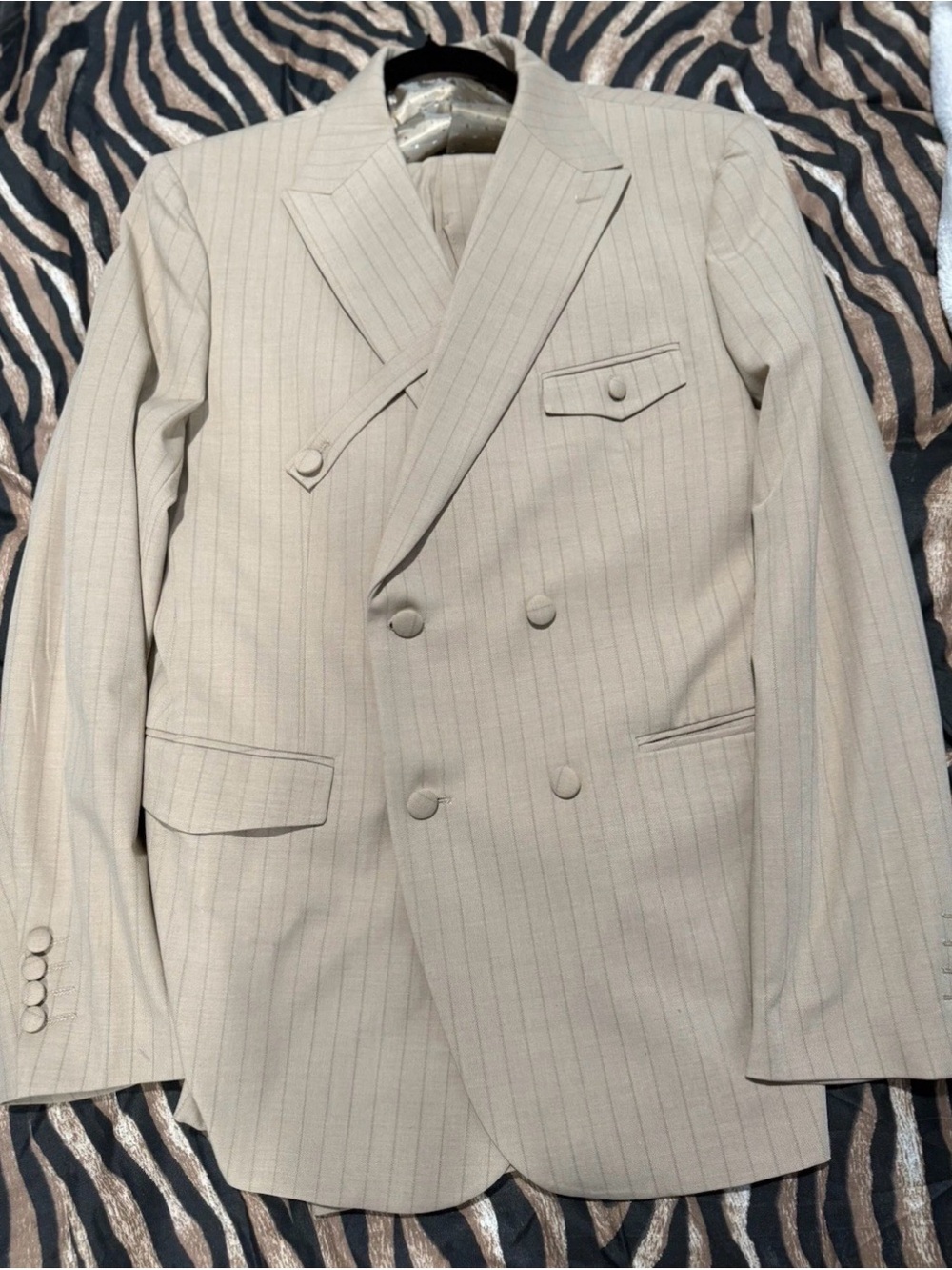 Men's Double-Breasted Beige Pinstripe Suit Jacket